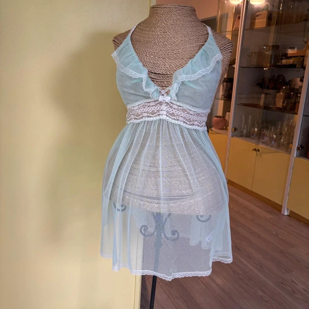 Betsey Johnson Aqua Blue Babydoll Lingerie Lace Trim Ruffle Halter Y2K - Picture 11 of 12